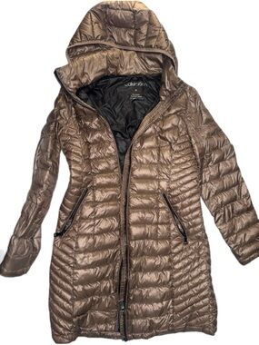 Calvin Klein Packable Hooded Down Puffer Jacket Brown Bronze Size M